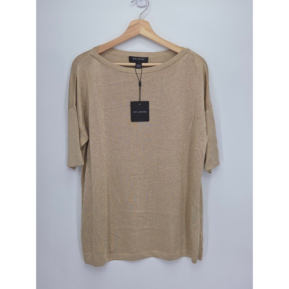 New St. John Womens Gold Shimmer Knit Top Sweater Boatneck Size Small Relaxed